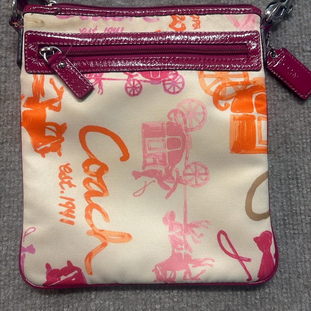 Coach Scribble Print Crossbody Bag Pink Orange Canvas Y2K Carriage Sm Purse 0708 - Picture 2 of 5